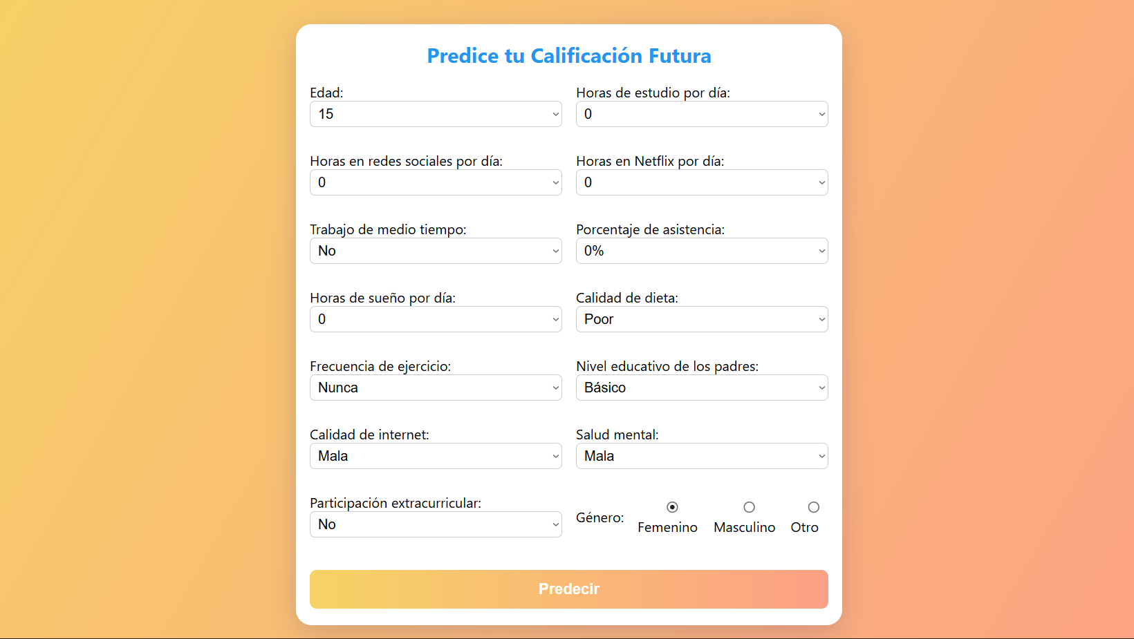 Grade prediction interface with neural network